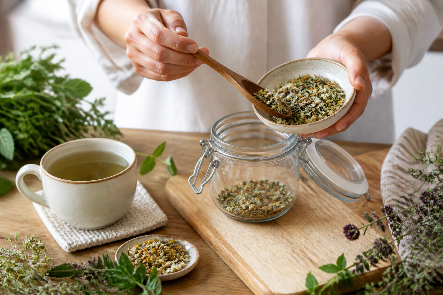 Cena ilustrativa de ervas secas e recipiente de infusão