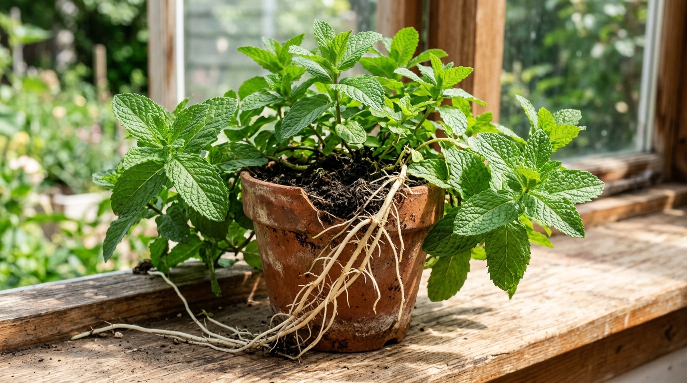 Vaso de hortelã com rizomas agressivos ultrapassando as bordas, ilustrando por que a planta precisa de vaso próprio
