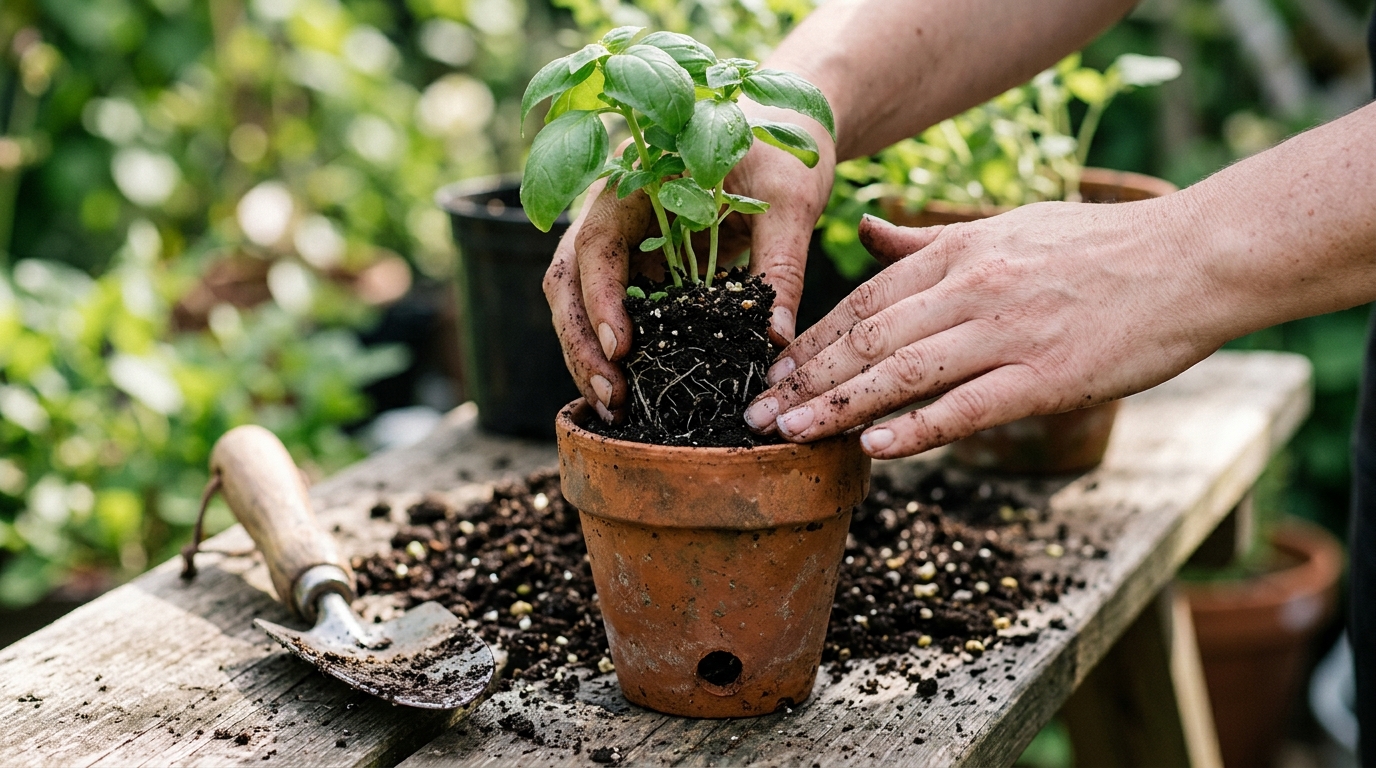 Mãos replantando uma muda de manjericão em vaso de terracota com furo de drenagem e terra orgânica